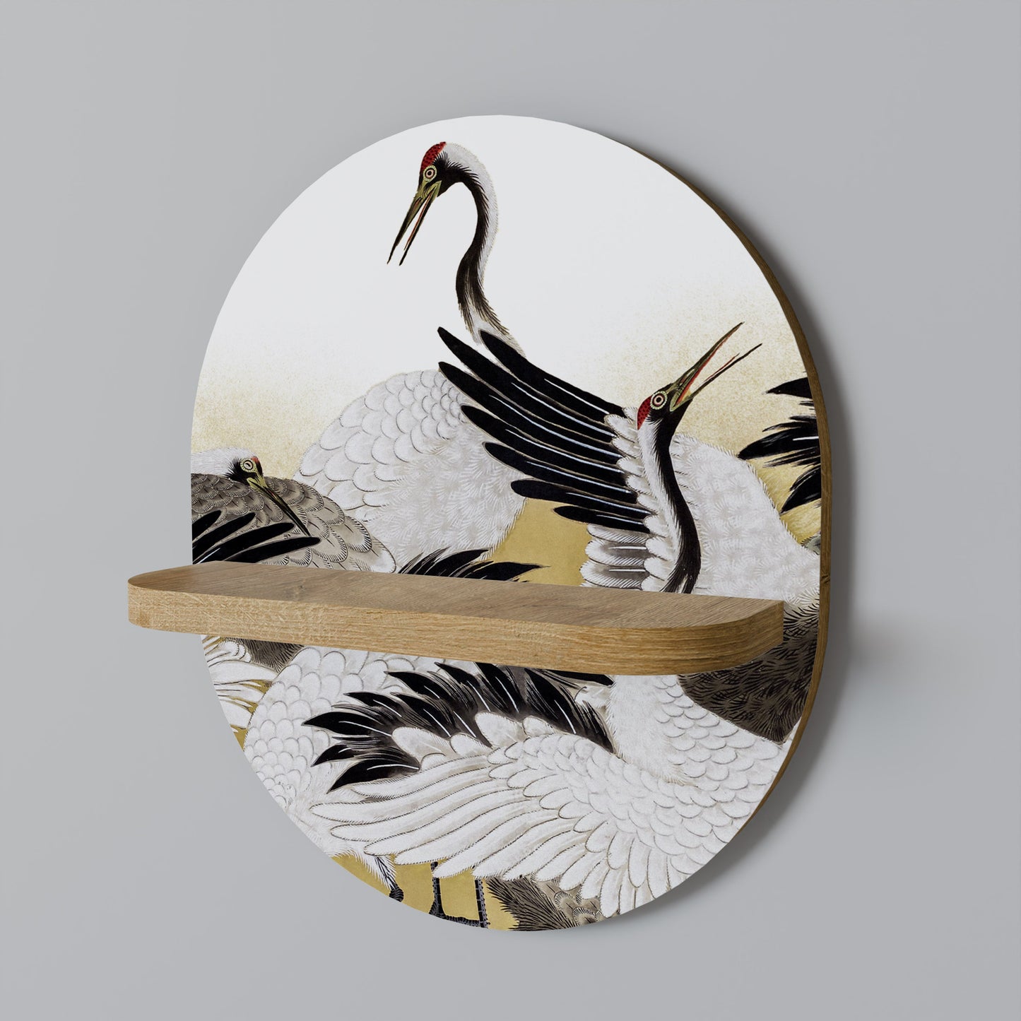 JAPANESE FLOCK OF CRANES Oval Art Shelf In Oak Effect