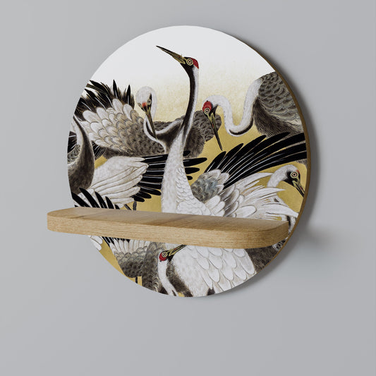 JAPANESE FLOCK OF CRANES Round Art Shelf In Oak Effect