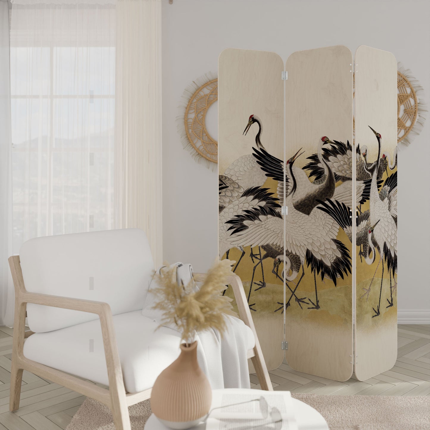 JAPANESE FLOCK OF CRANES 3-Panel Plywood Room Divider