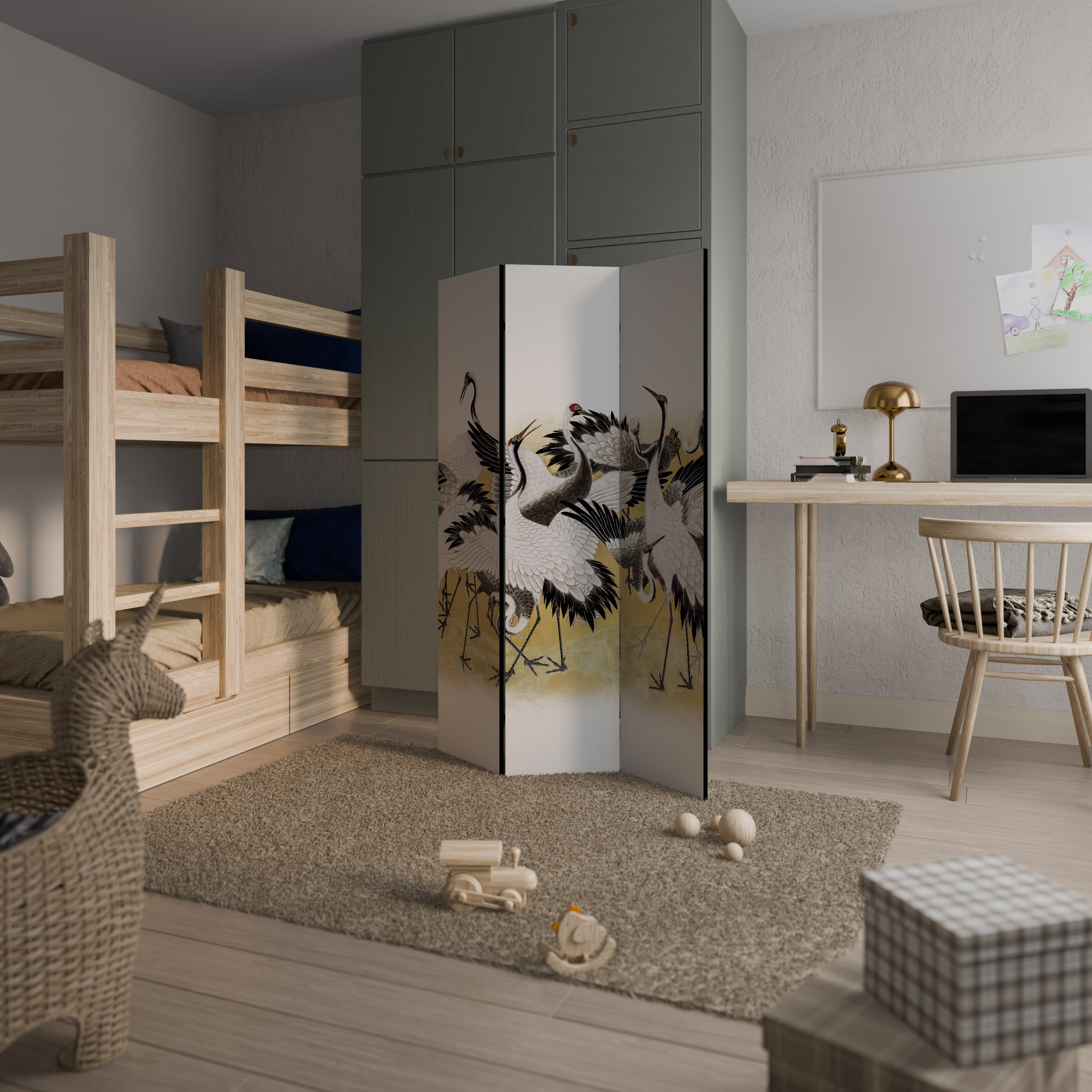 JAPANESE FLOCK OF CRANES Biombo de 3 Painéis