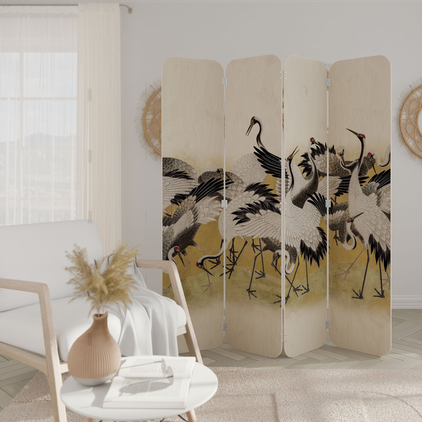 JAPANESE FLOCK OF CRANES 4-Panel Plywood Room Divider