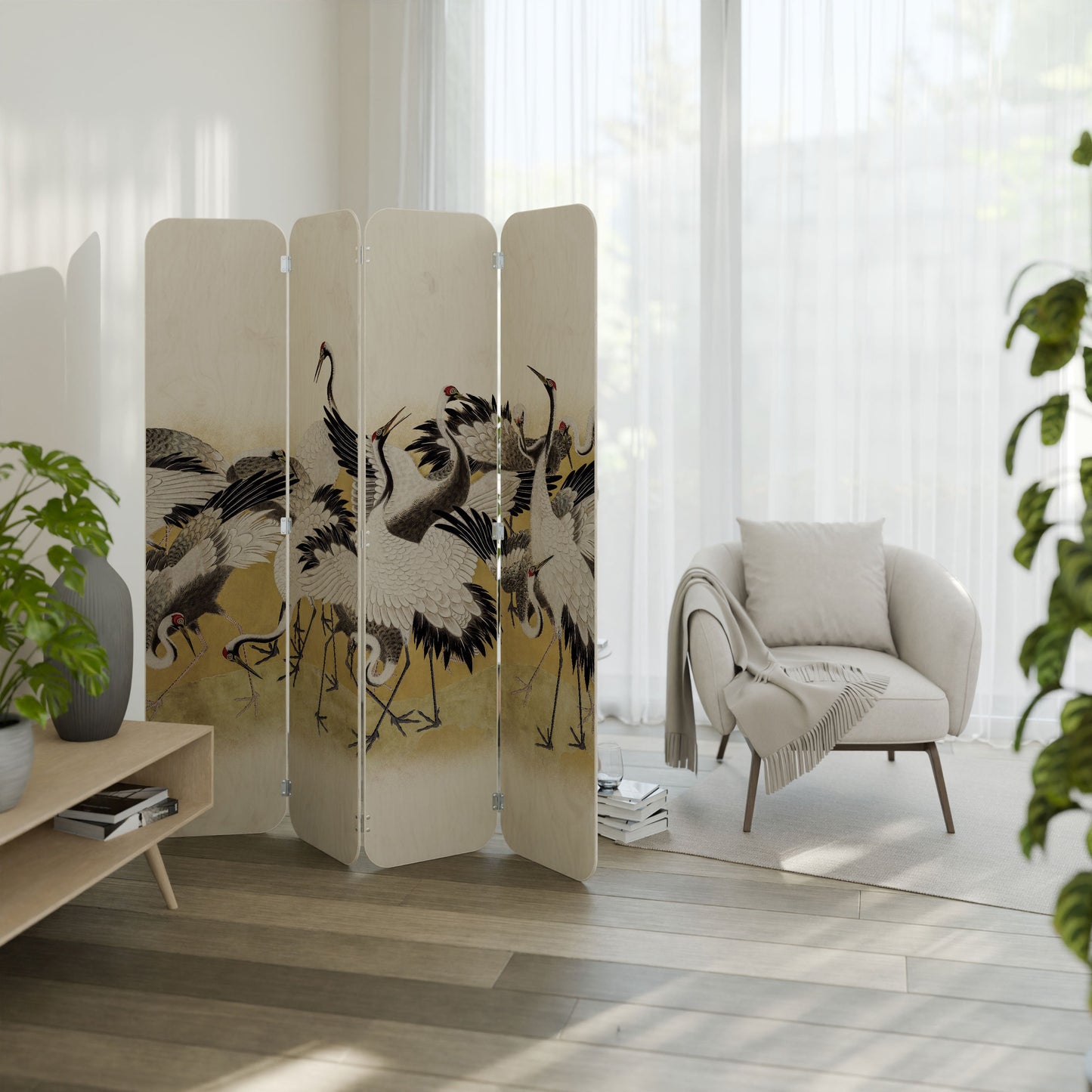 JAPANESE FLOCK OF CRANES 4-Panel Plywood Room Divider