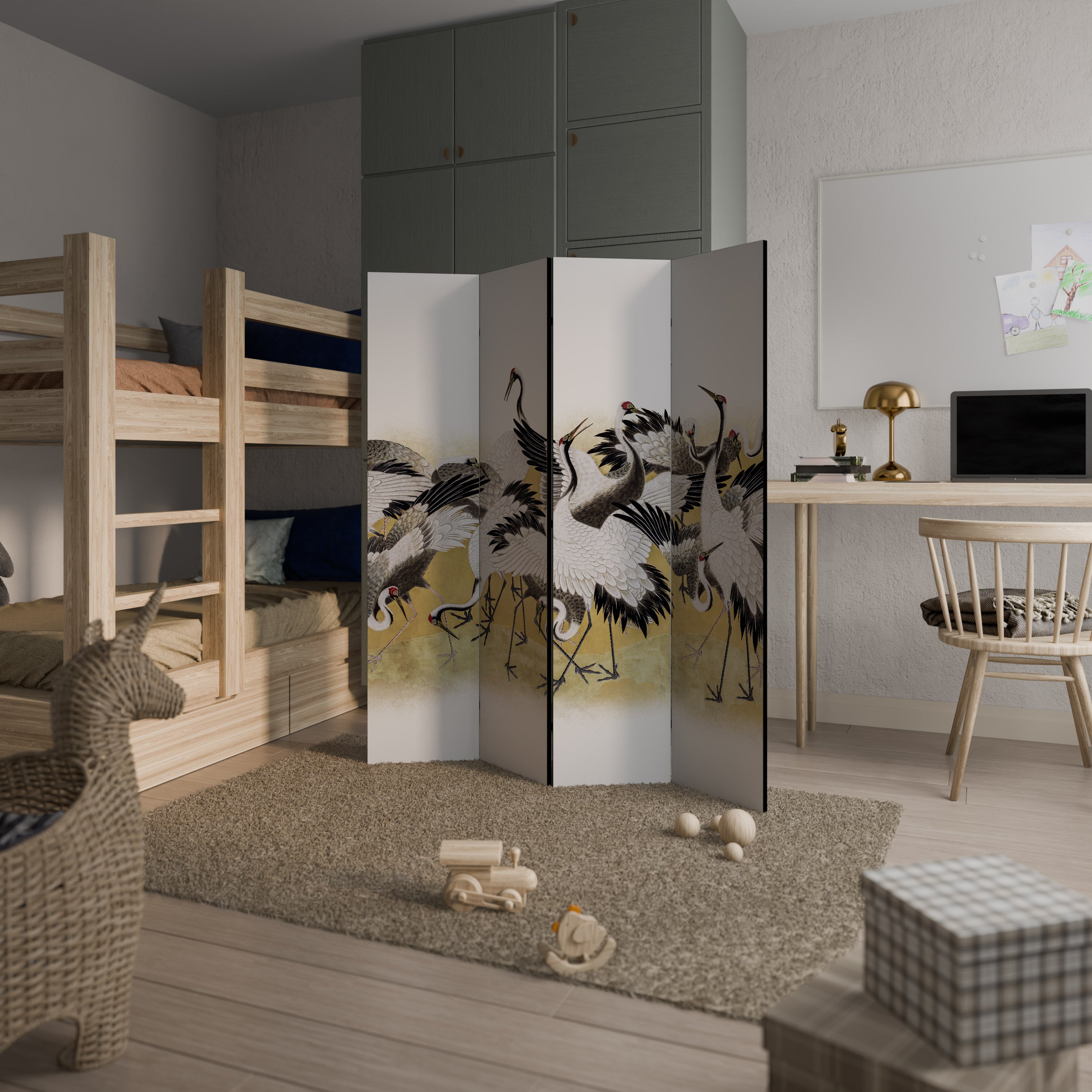 JAPANESE FLOCK OF CRANES Biombo de 4 paneles