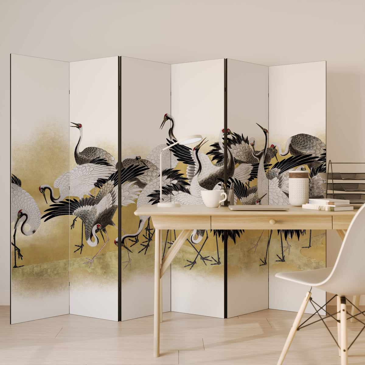 JAPANESE FLOCK OF CRANES 6-Panel Room Divider
