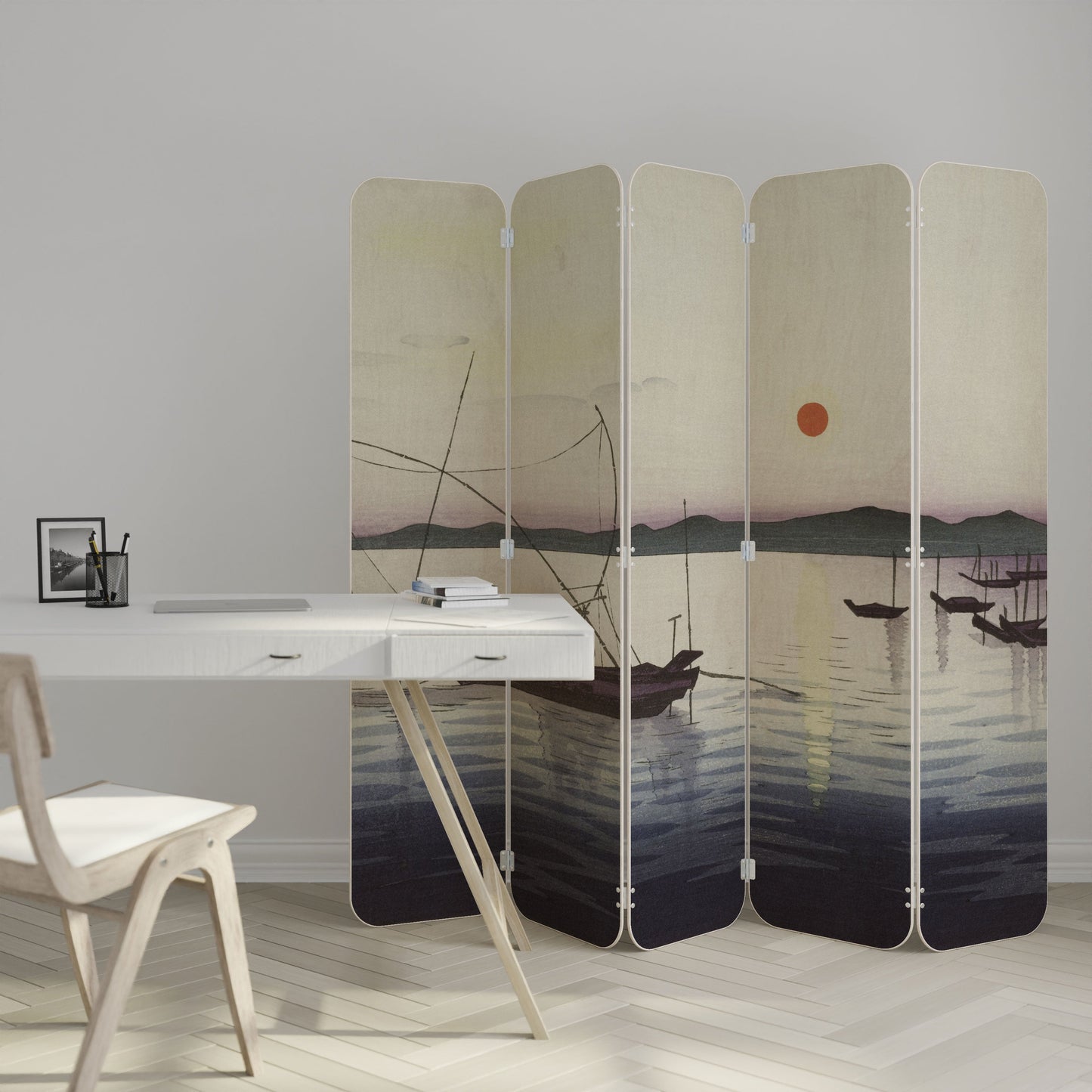 BOATS AND SETTING SUN 5-Panel Plywood Room Divider