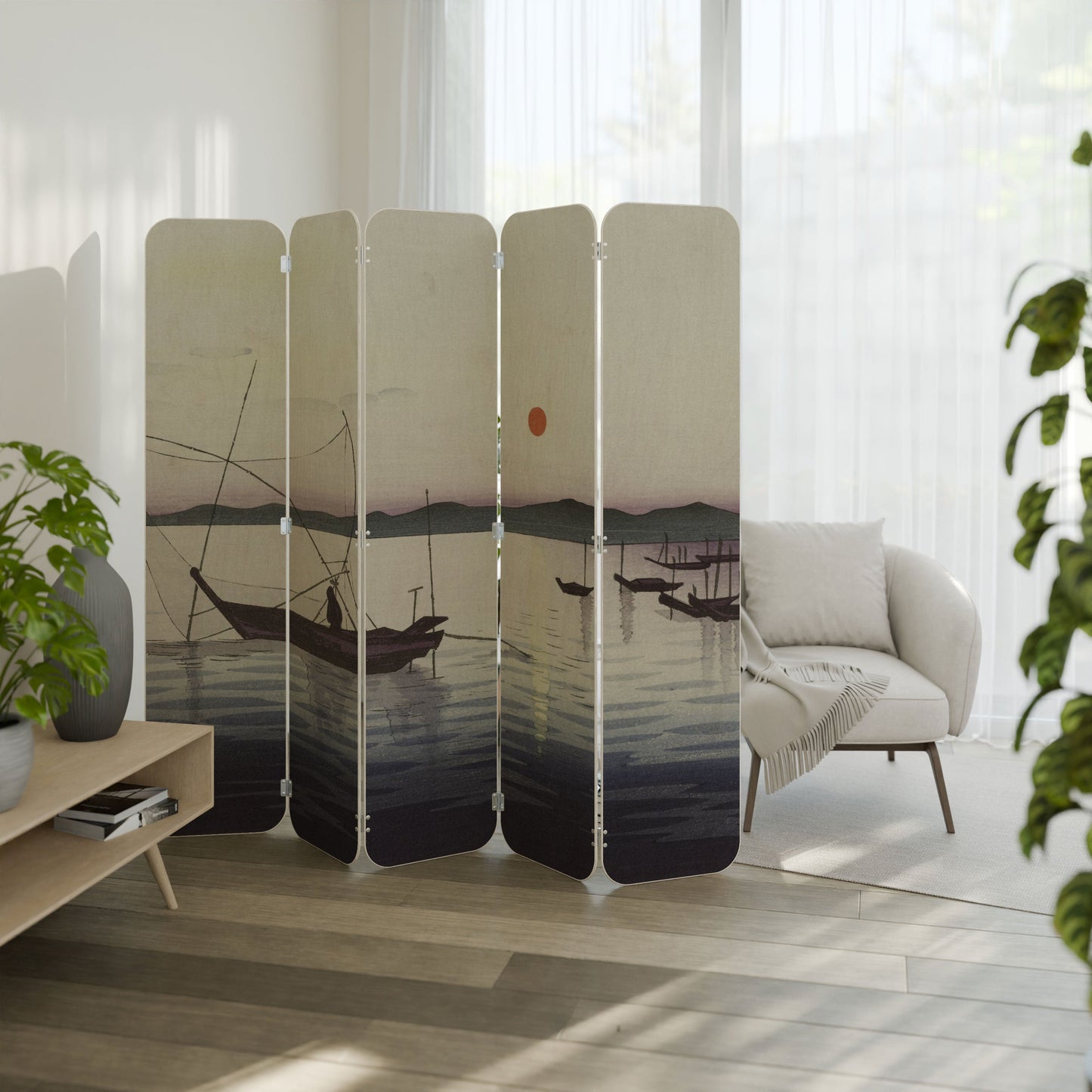 BOATS AND SETTING SUN 5-Panel Plywood Room Divider