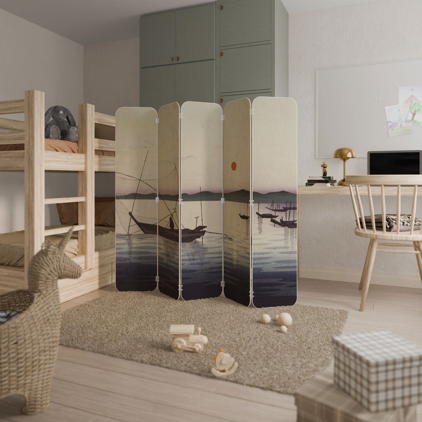 BOATS AND SETTING SUN 5-Panel Plywood Room Divider