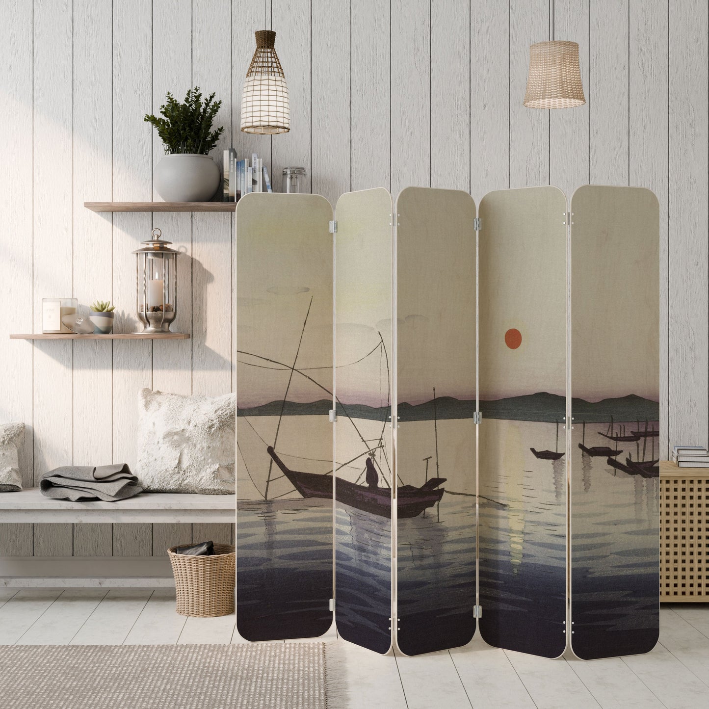 BOATS AND SETTING SUN 5-Panel Plywood Room Divider