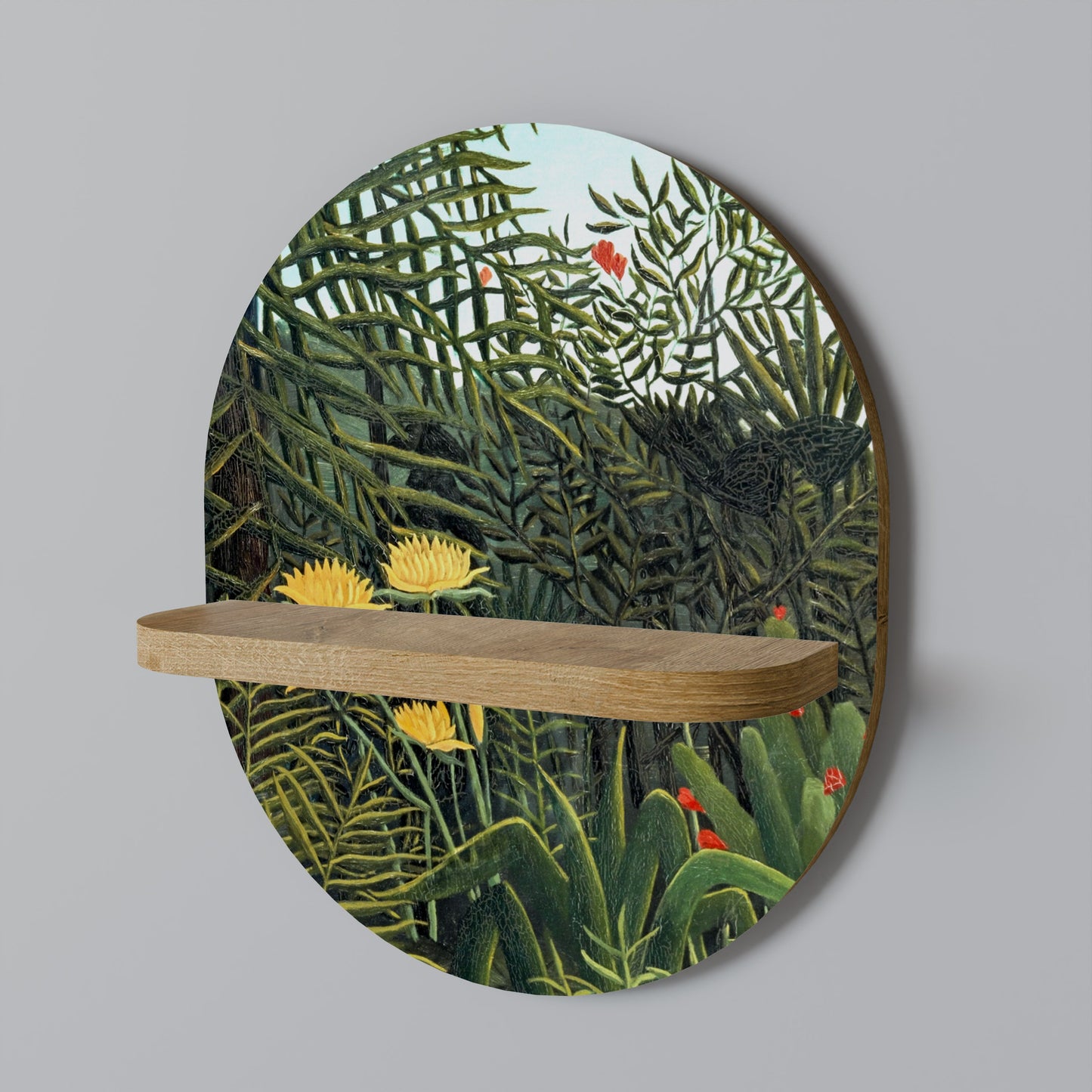 VIRGIN FOREST WITH SUNSET Oval Art Shelf In Oak Effect