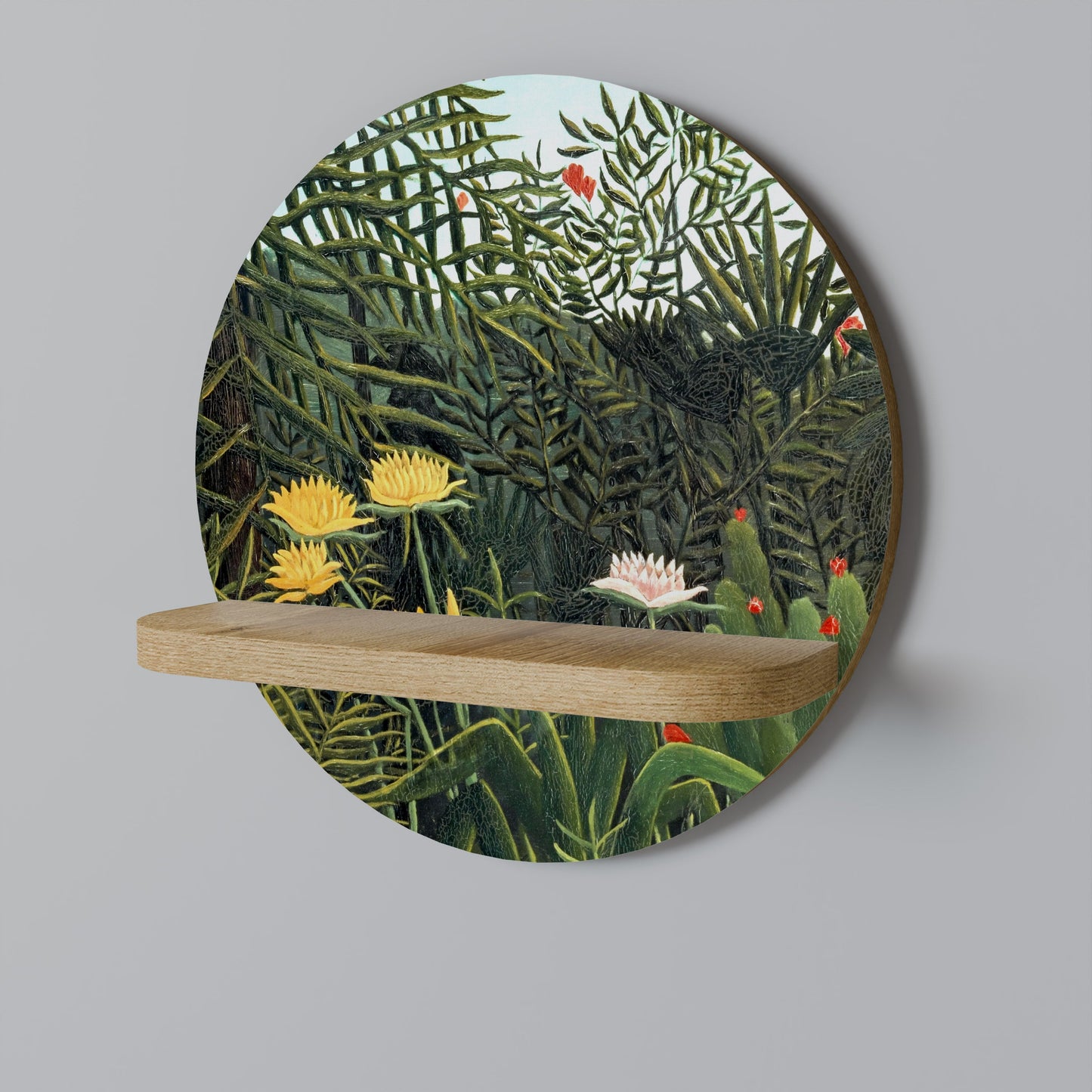 VIRGIN FOREST WITH SUNSET Round Art Shelf In Oak Effect