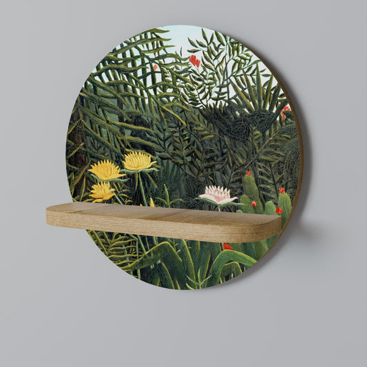 VIRGIN FOREST WITH SUNSET Round Art Shelf In Oak Effect