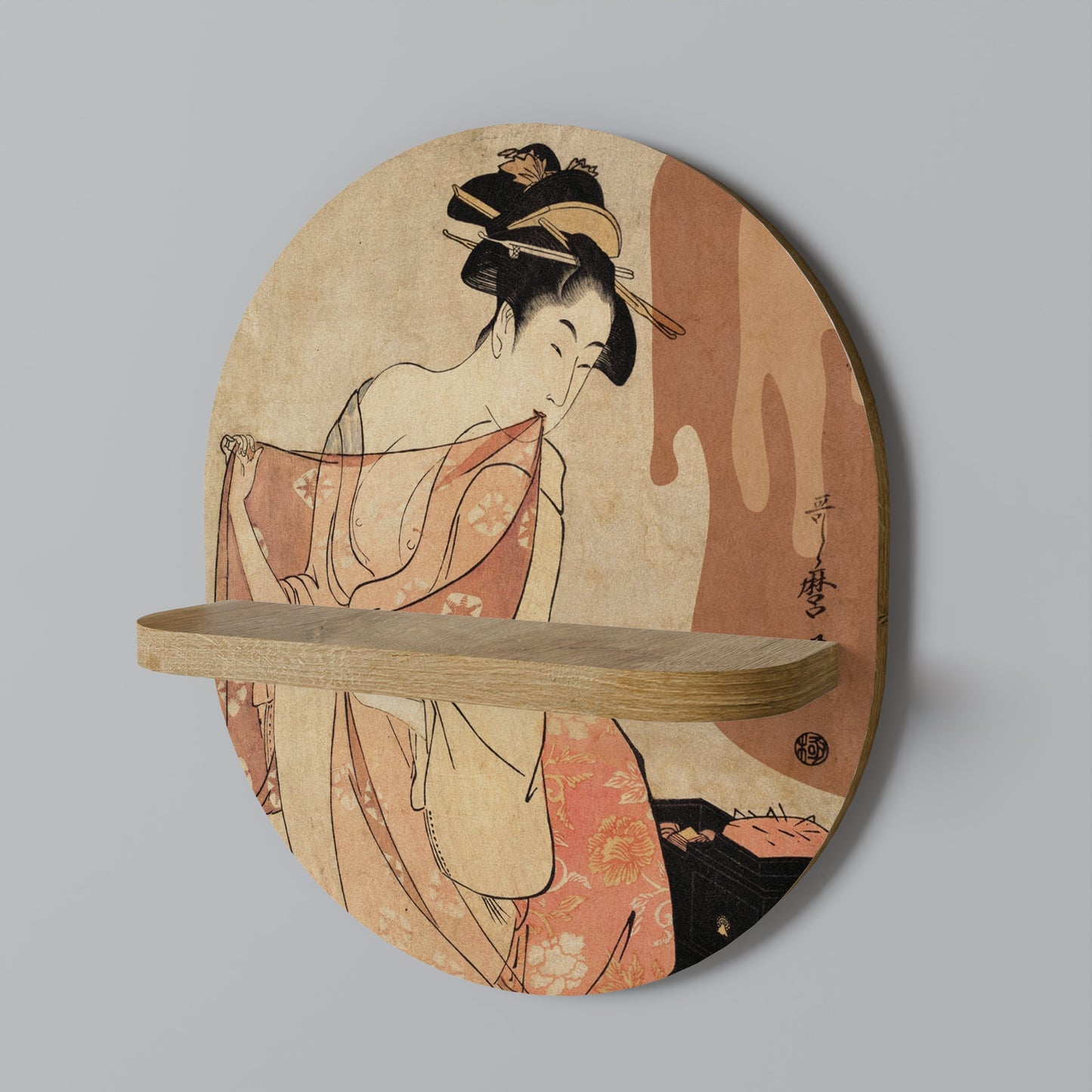 WOMAN, CAT AND EXTRA BROWN Oval Art Shelf In Oak Effect