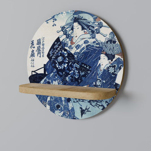 JAPANESE WOMAN Round Art Shelf In Oak Effect