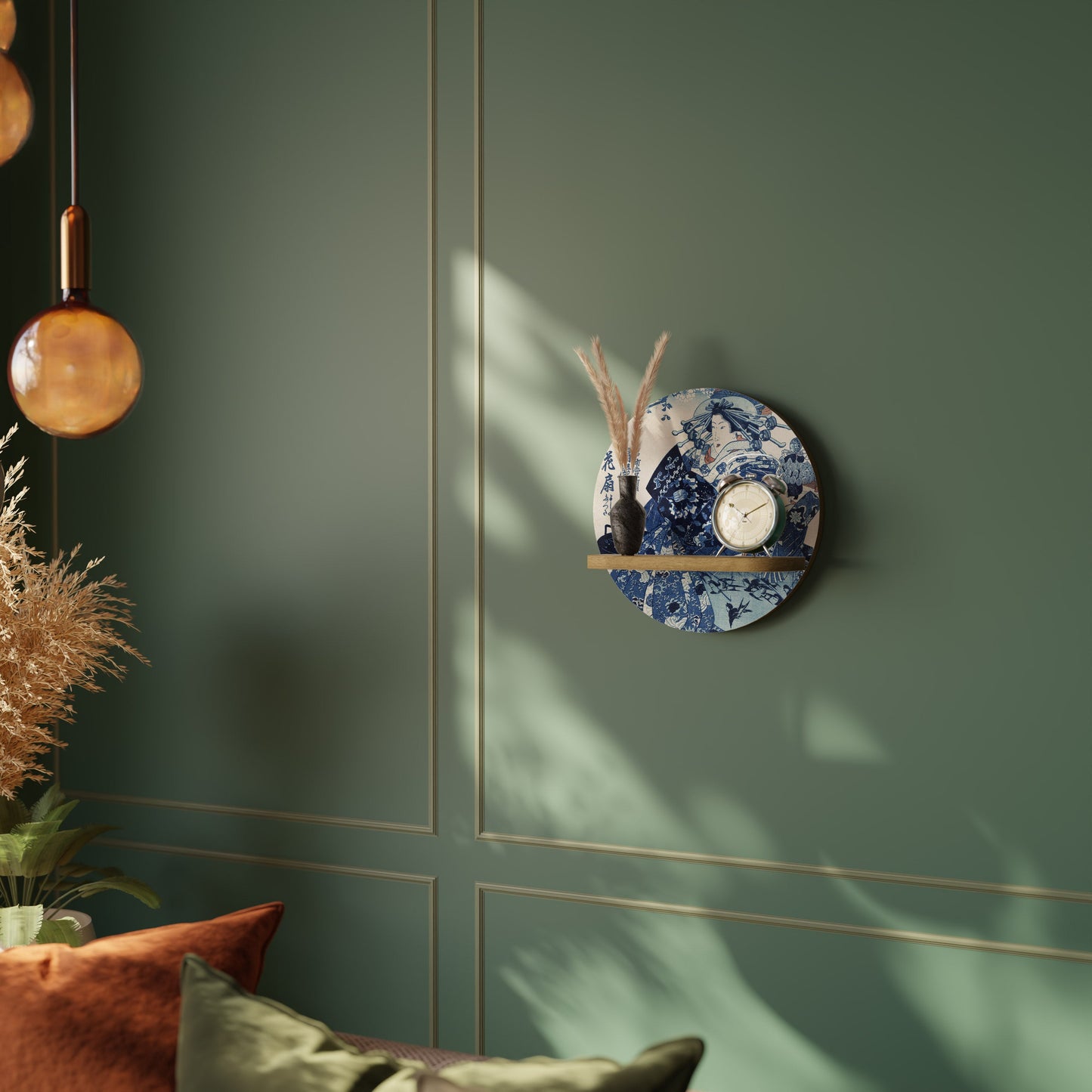 JAPANESE WOMAN Round Art Shelf In Oak Effect