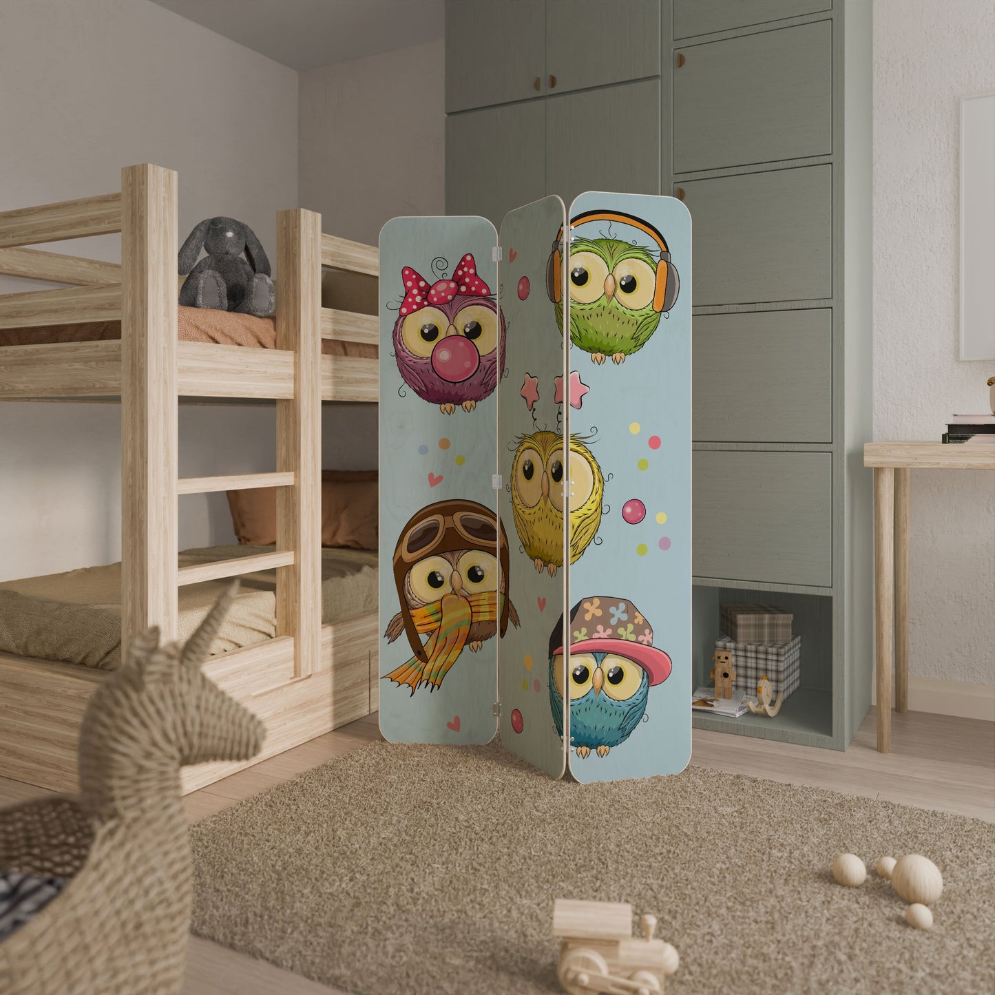 OWLY SQUAD 3-Panel Plywood Room Divider