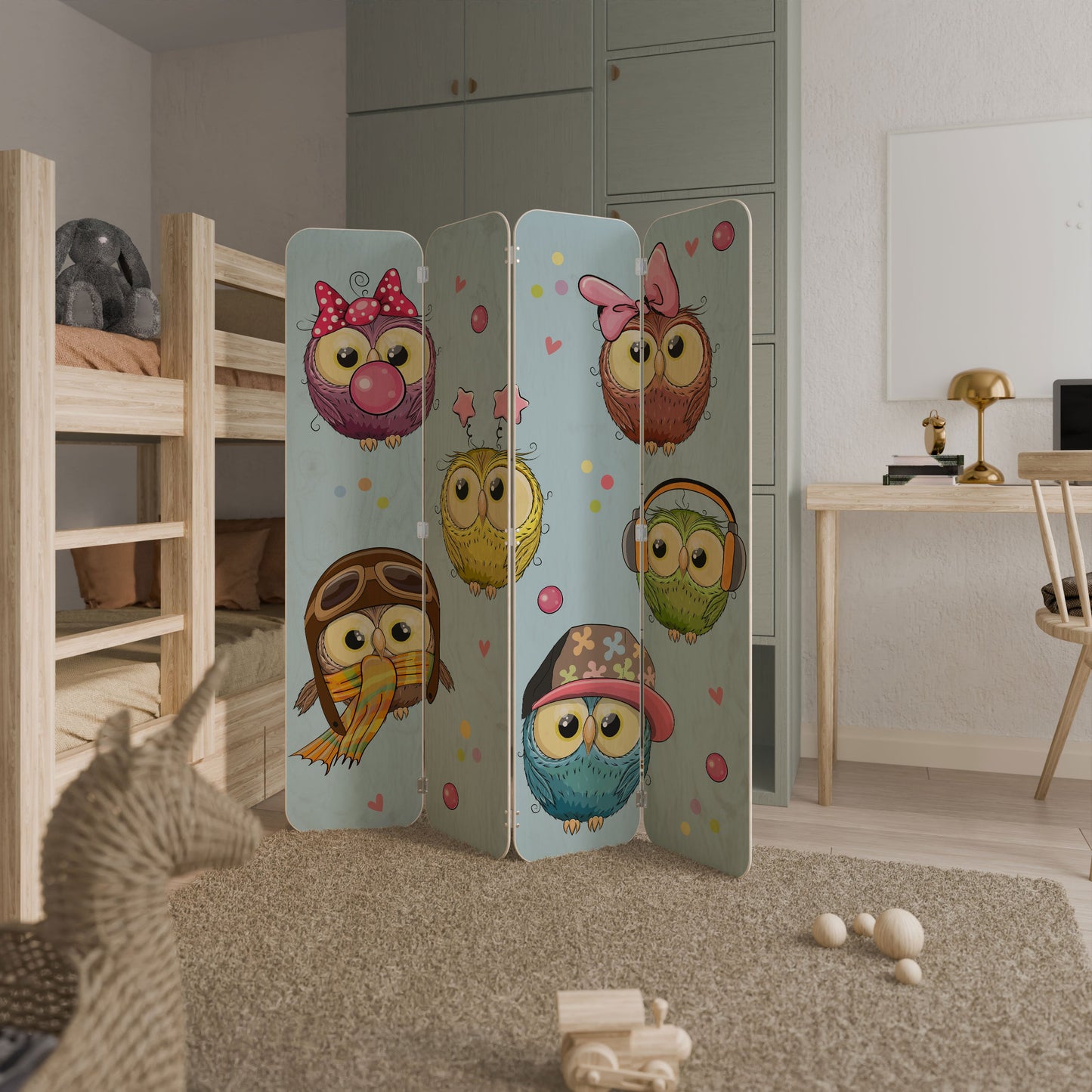 OWLY SQUAD 4-Panel Plywood Room Divider