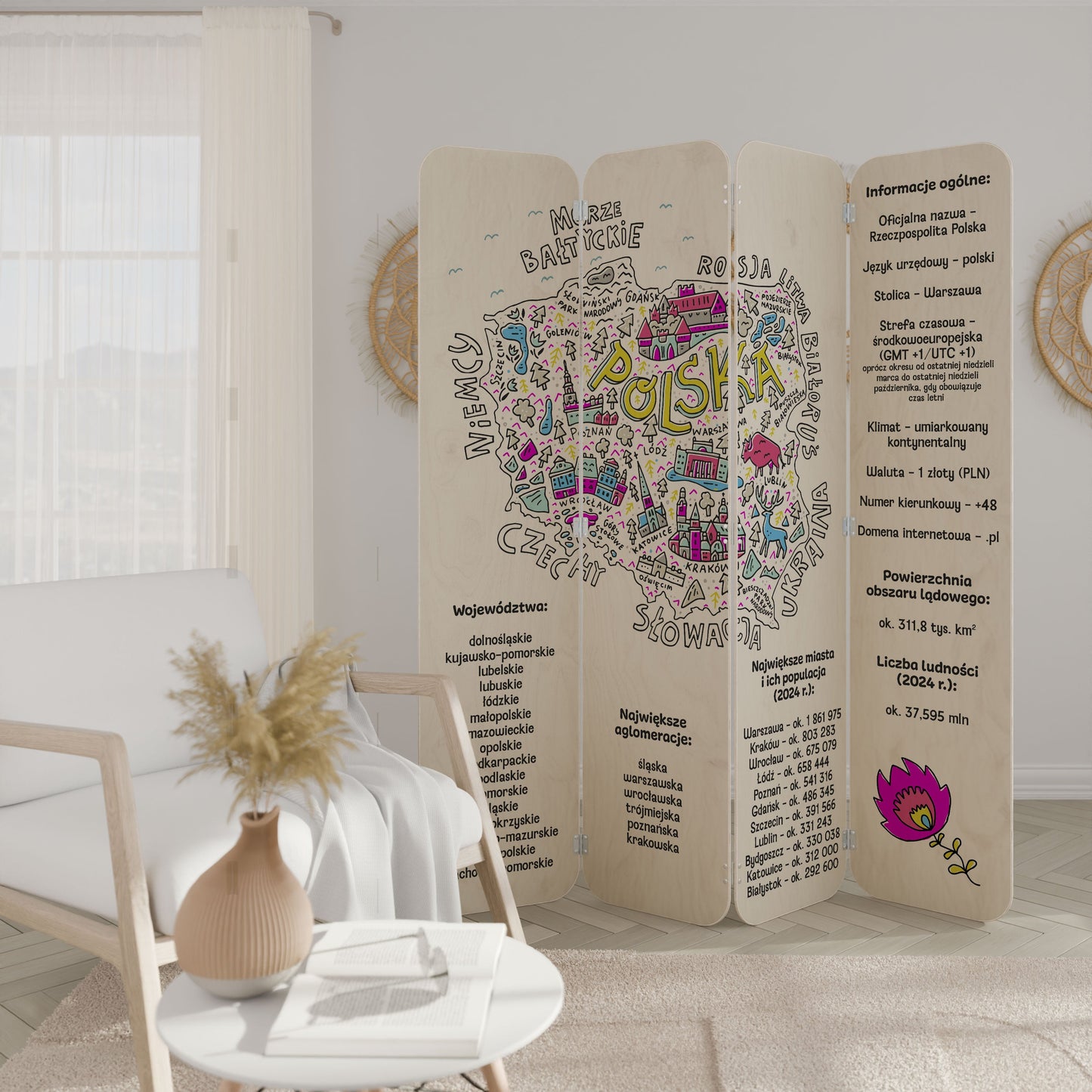 POLAND INFO 4-Panel Plywood Room Divider