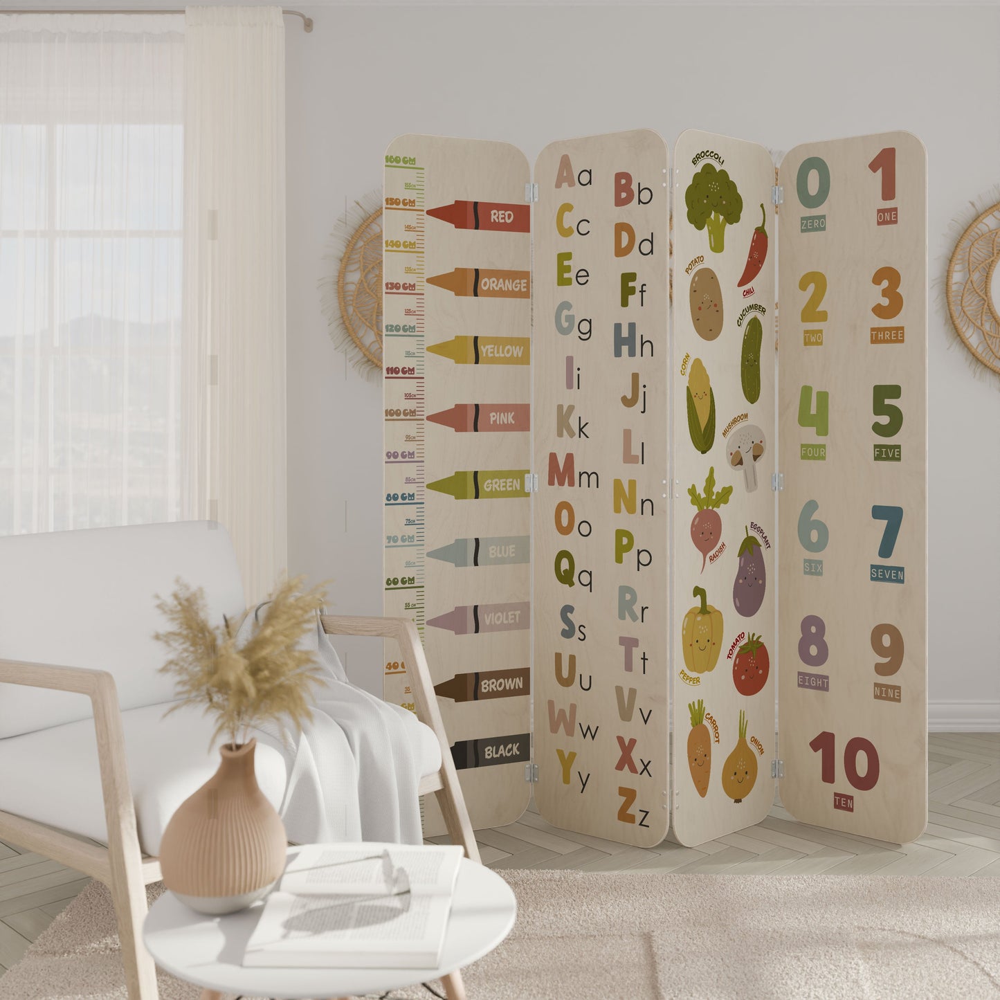 HAPPY LANGUAGE 4-Panel Plywood Room Divider