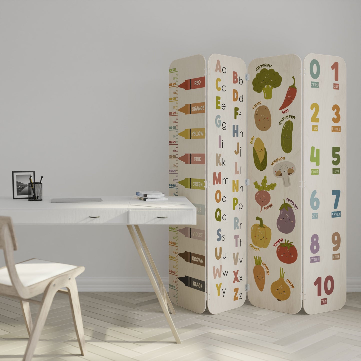 HAPPY LANGUAGE 4-Panel Plywood Room Divider