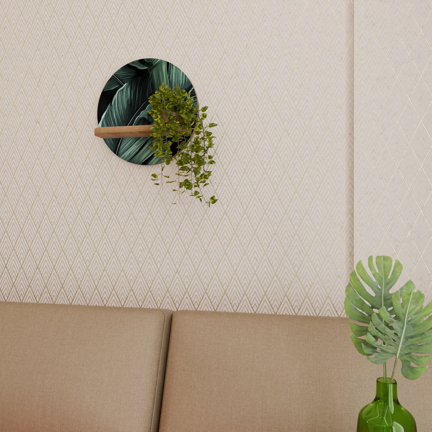 LEAFY ELEGANCE Round Art Shelf In Oak Effect