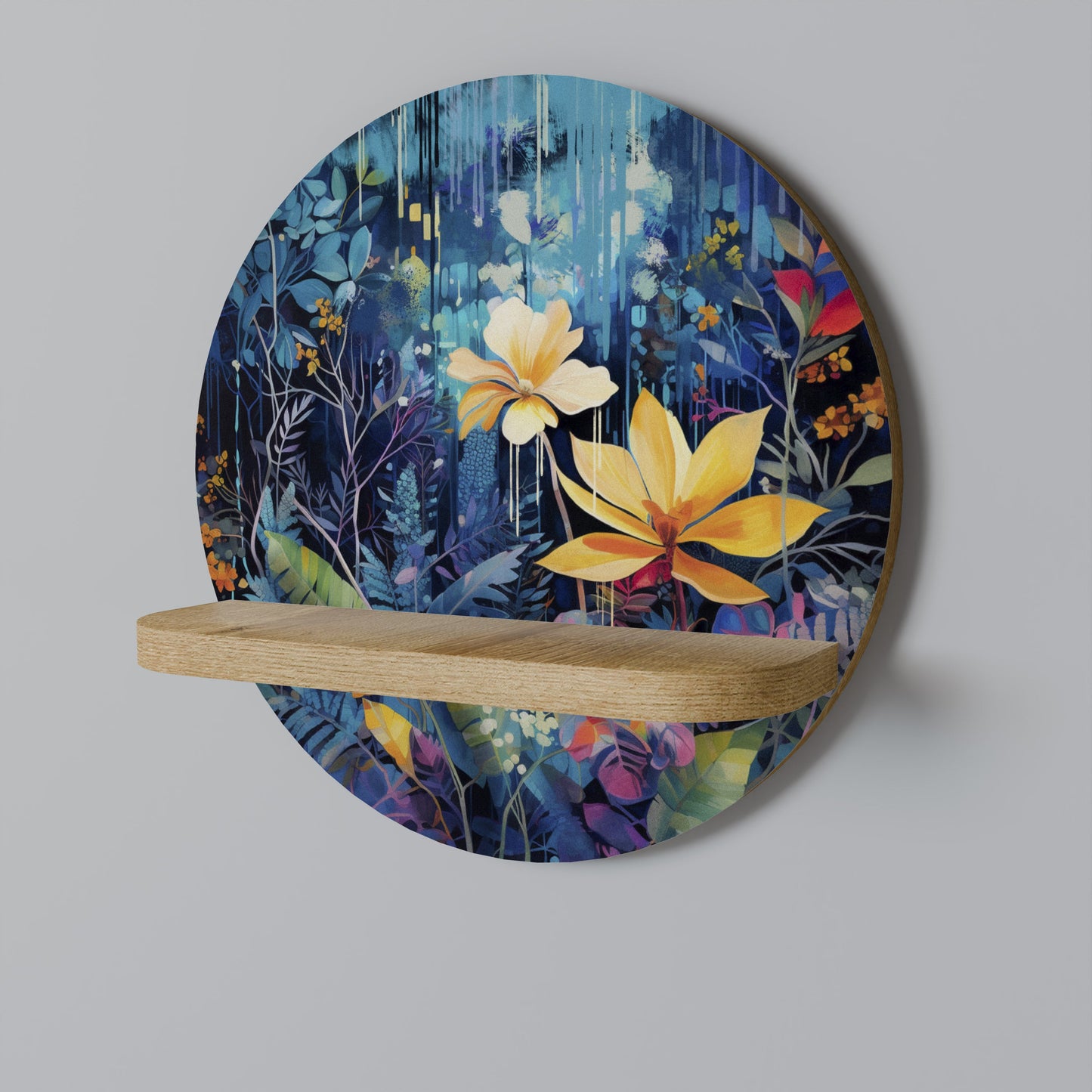 MIDNIGHT BLOSSOM Round Art Shelf In Oak Effect