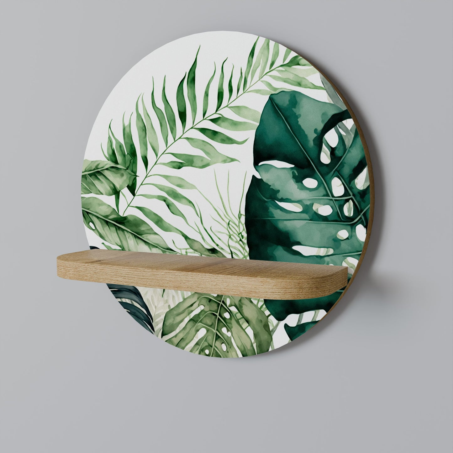 MONSTERA DREAM Round Art Shelf In Oak Effect