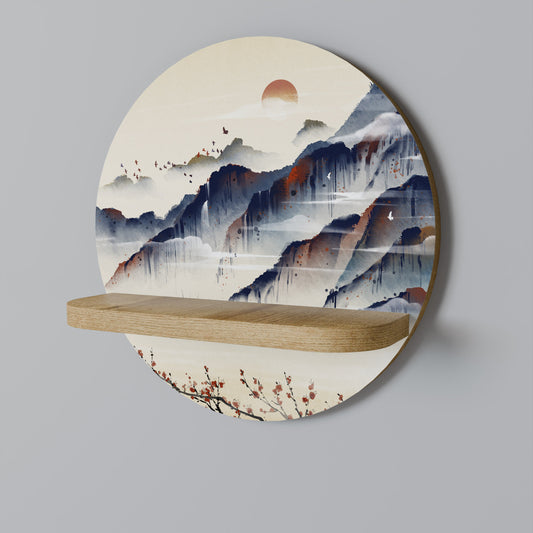 JAPANESE LANDSCAPE Round Art Shelf In Oak Effect