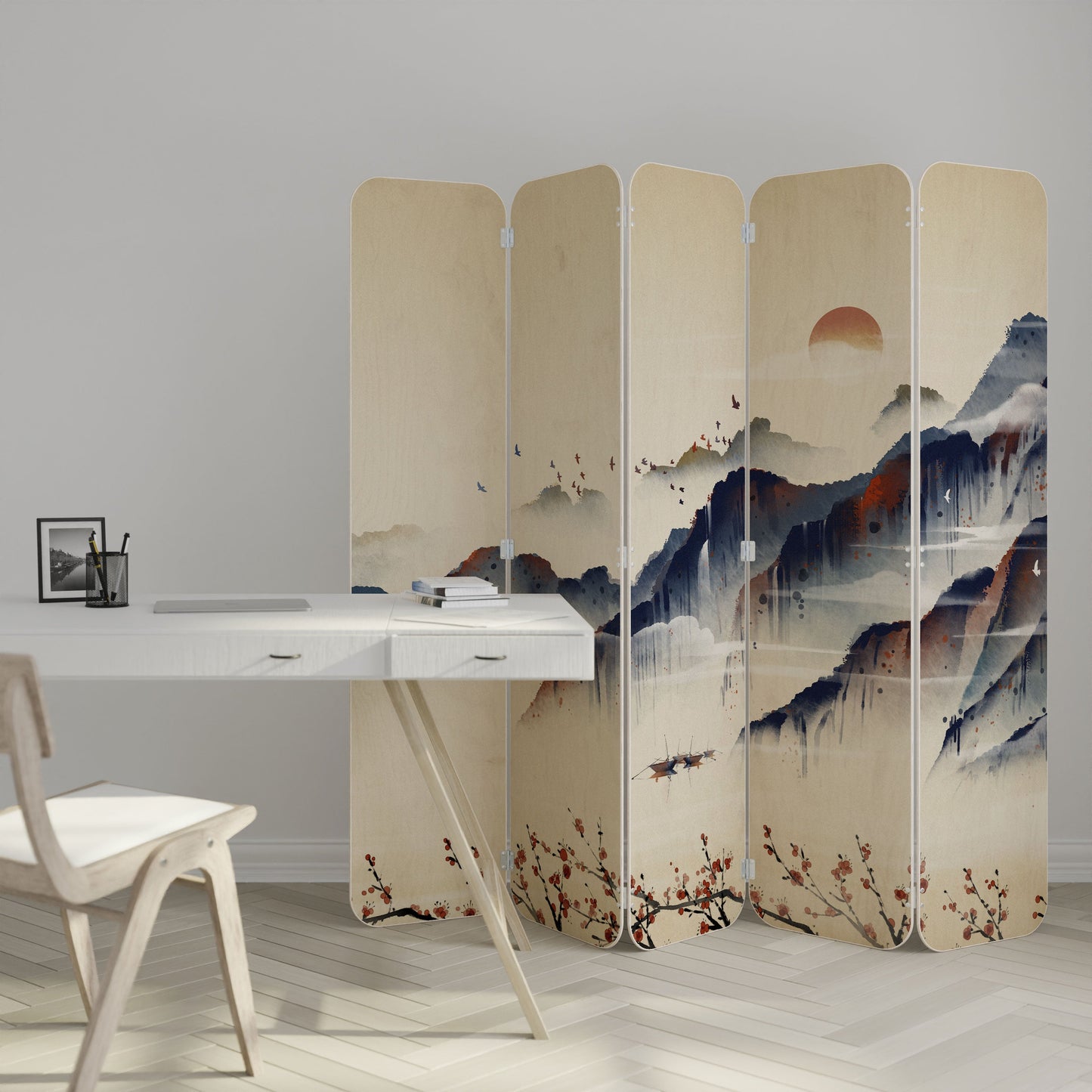 ORIENTAL LANDSCAPE 5-Panel Plywood Room Divider