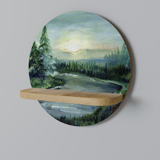 FOREST SUNSET Round Art Shelf In Oak Effect