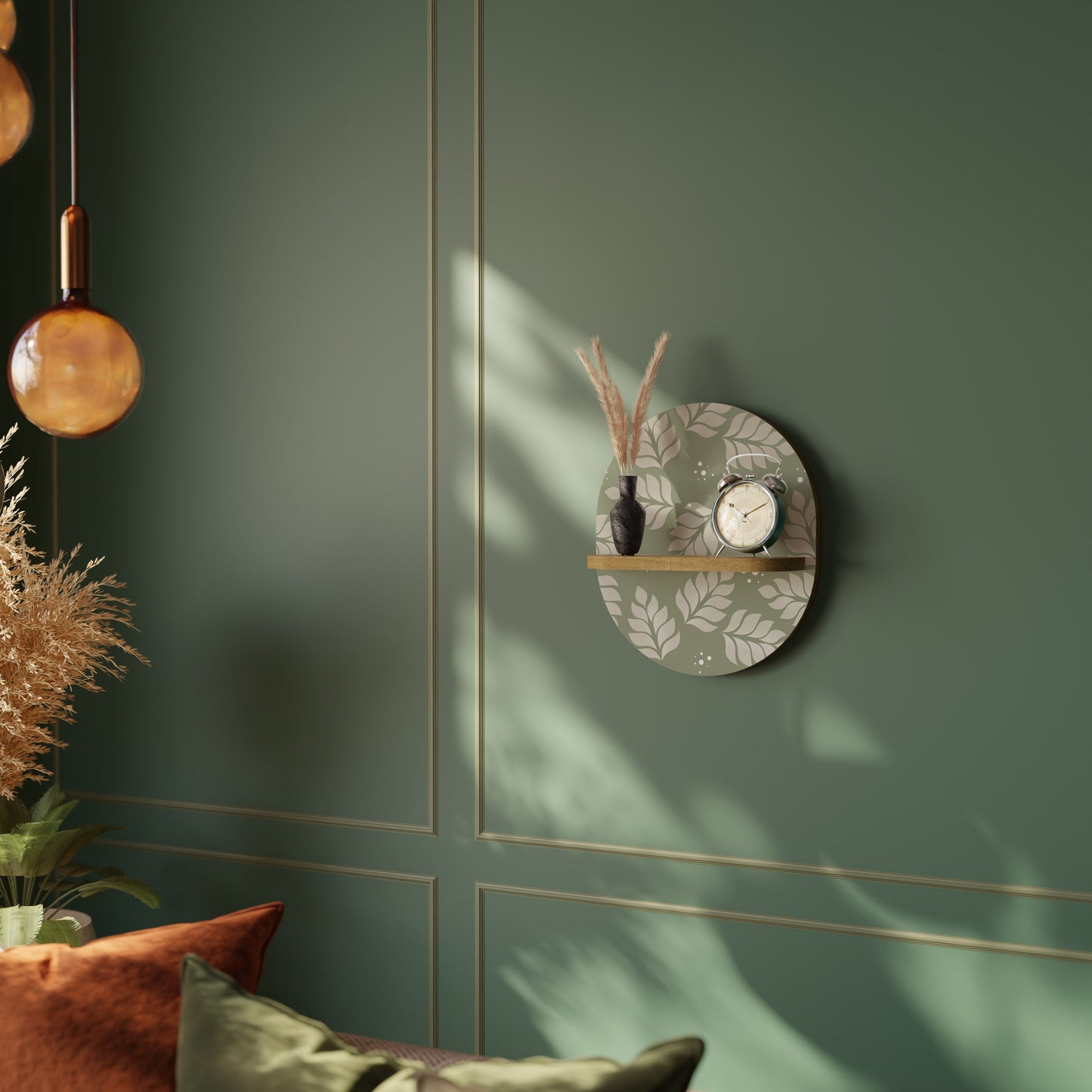 LEAVES ON GREEN Oval Art Shelf In Oak Effect