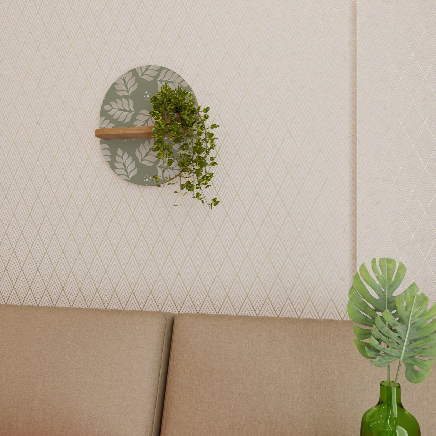 LEAVES ON GREEN Oval Art Shelf In Oak Effect