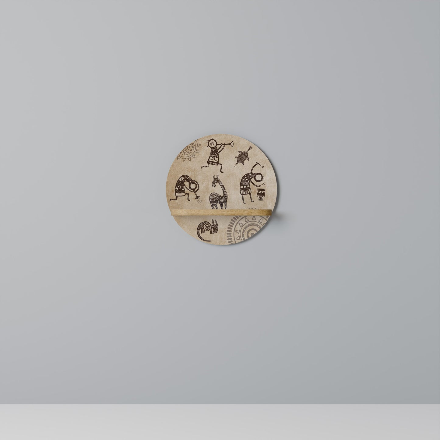 AFRICAN STYLE Round Art Shelf In Oak Effect