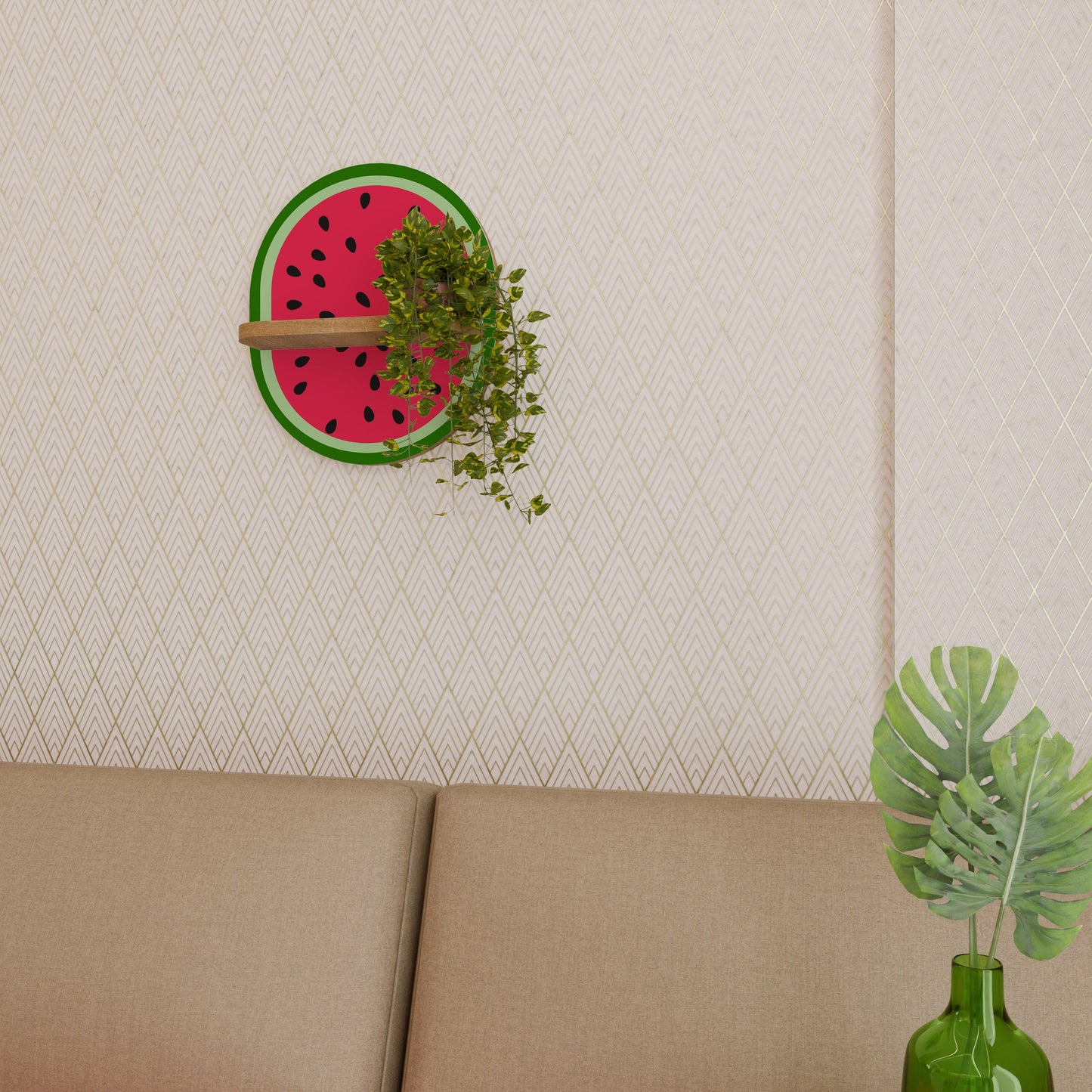 MATURE WATERMELON Oval Art Shelf In Oak Effect