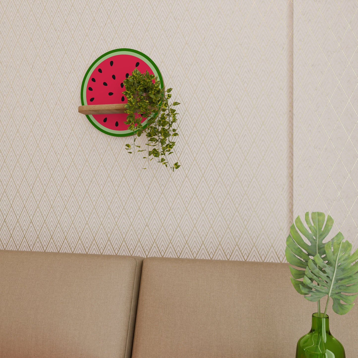 MATURE WATERMELON Round Art Shelf In Oak Effect