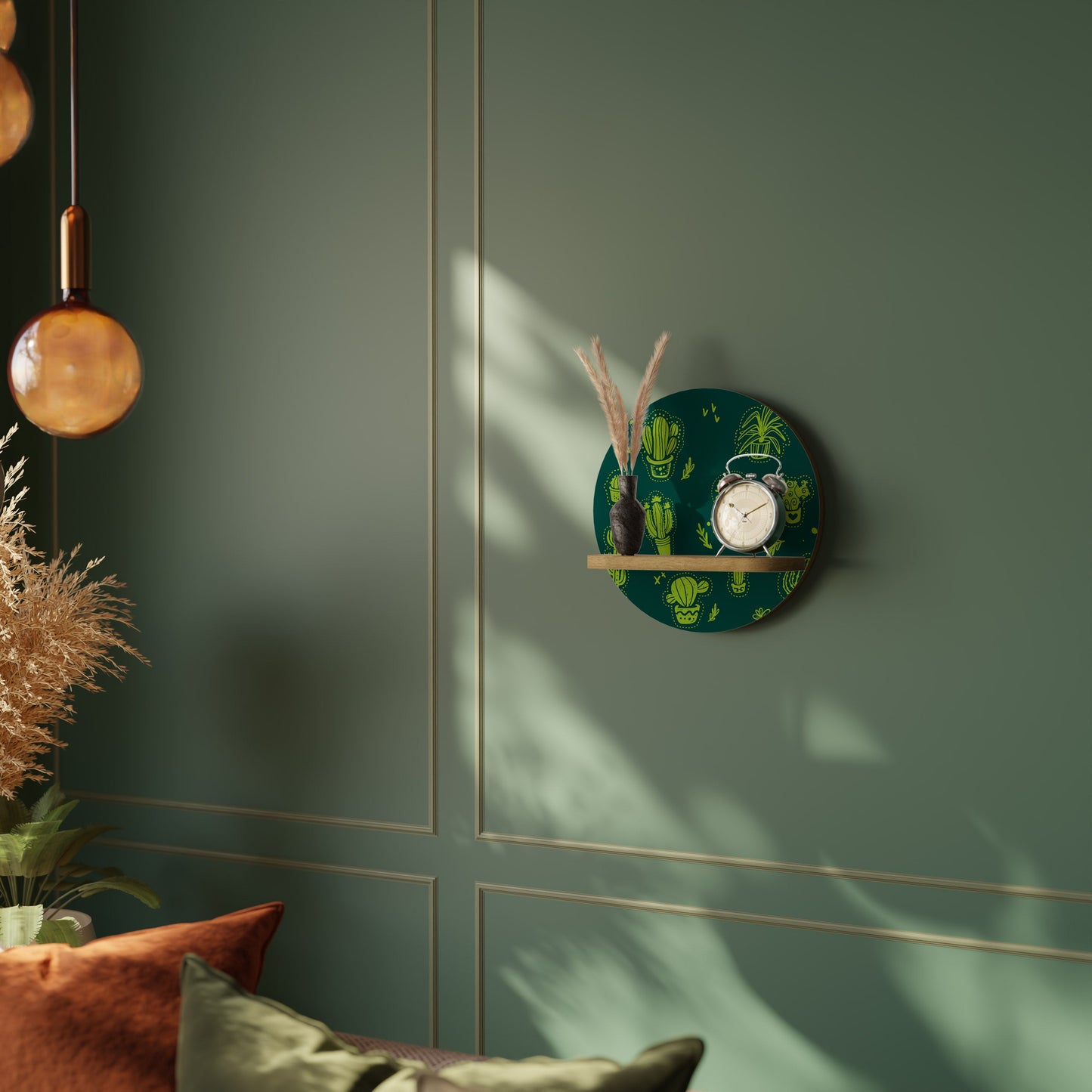 DESERT GREEN Round Art Shelf In Oak Effect