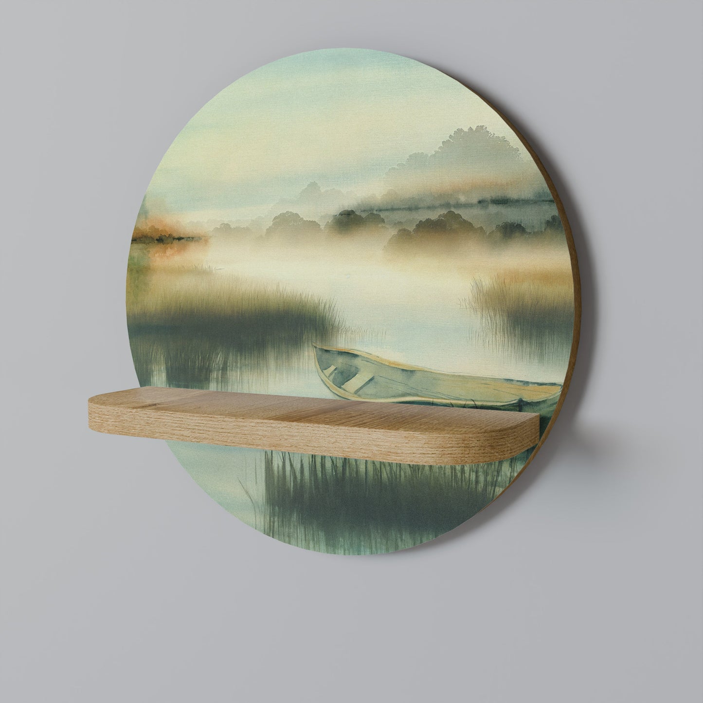 MORNING BY THE LAKE Round Art Shelf In Oak Effect