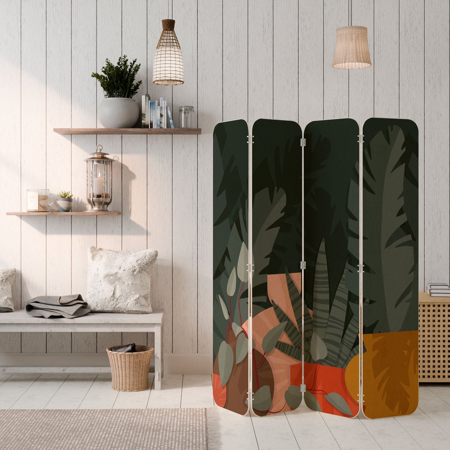 TROPICAL COMPOSITION 4-Panel Plywood Room Divider