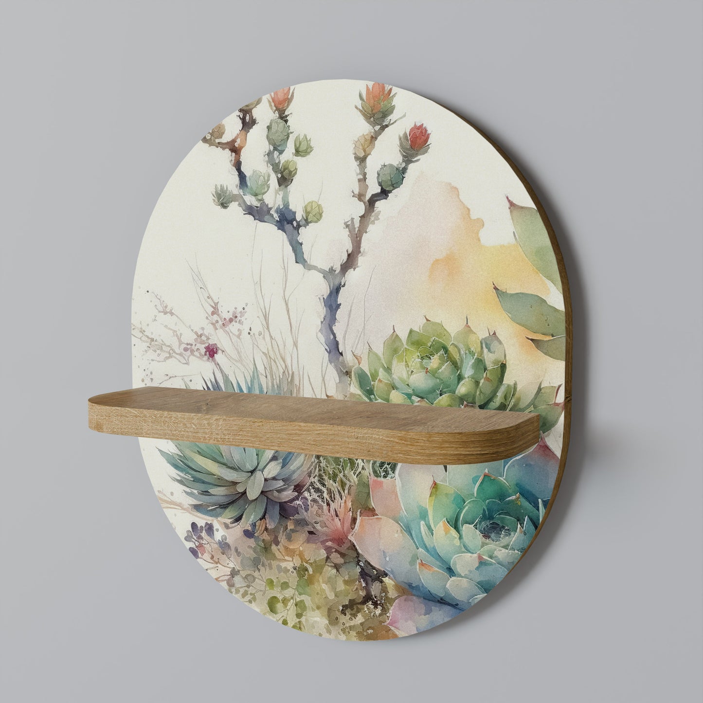 SUCCULENT WHIMSY Oval Art Shelf In Oak Effect