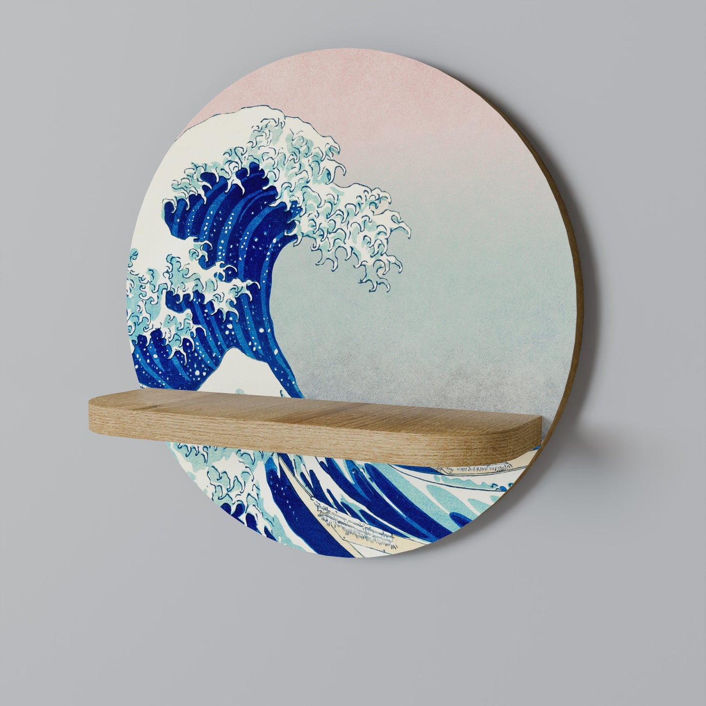 THE GREAT WAVE Round Art Shelf In Oak Effect