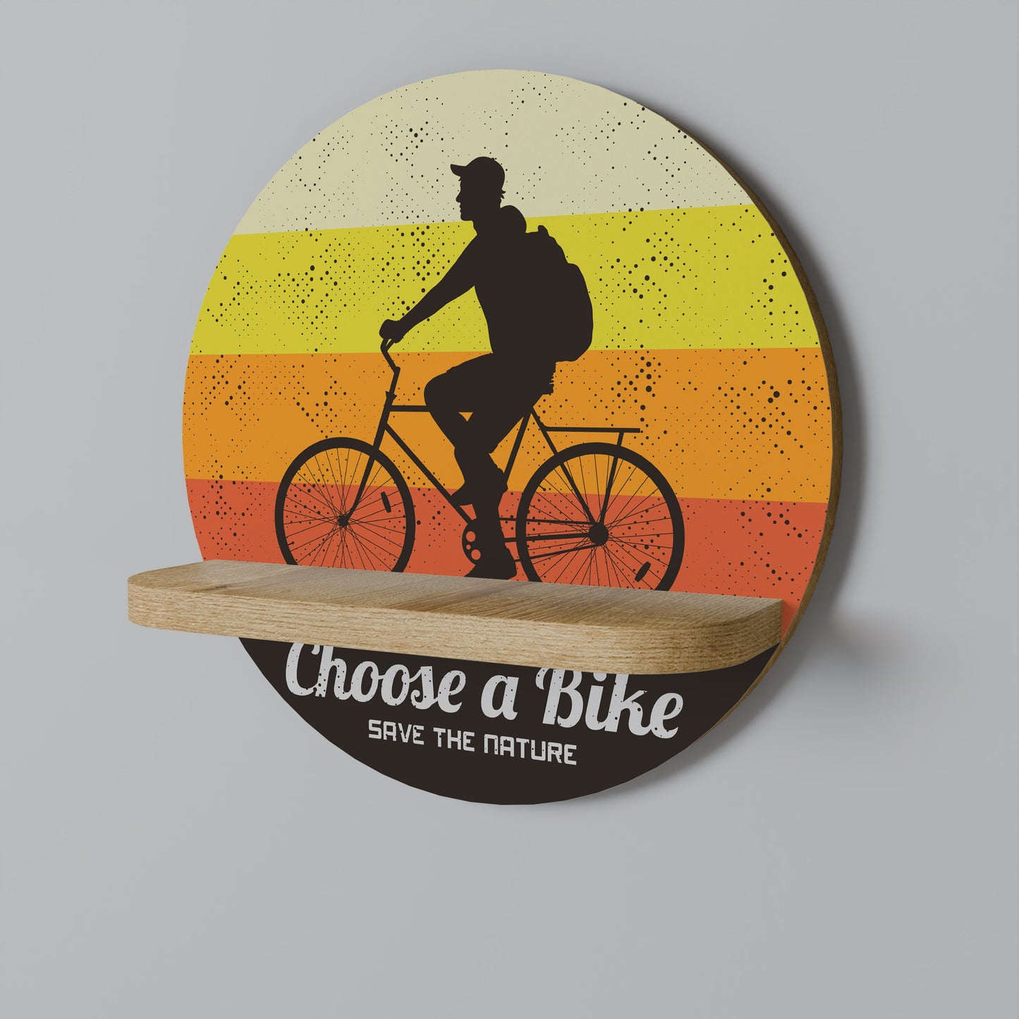 CHOOSE A BIKE Round Art Shelf In Oak Effect