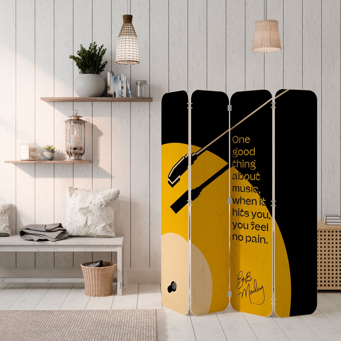 MUSIC - NO PAIN 4-Panel Plywood Room Divider