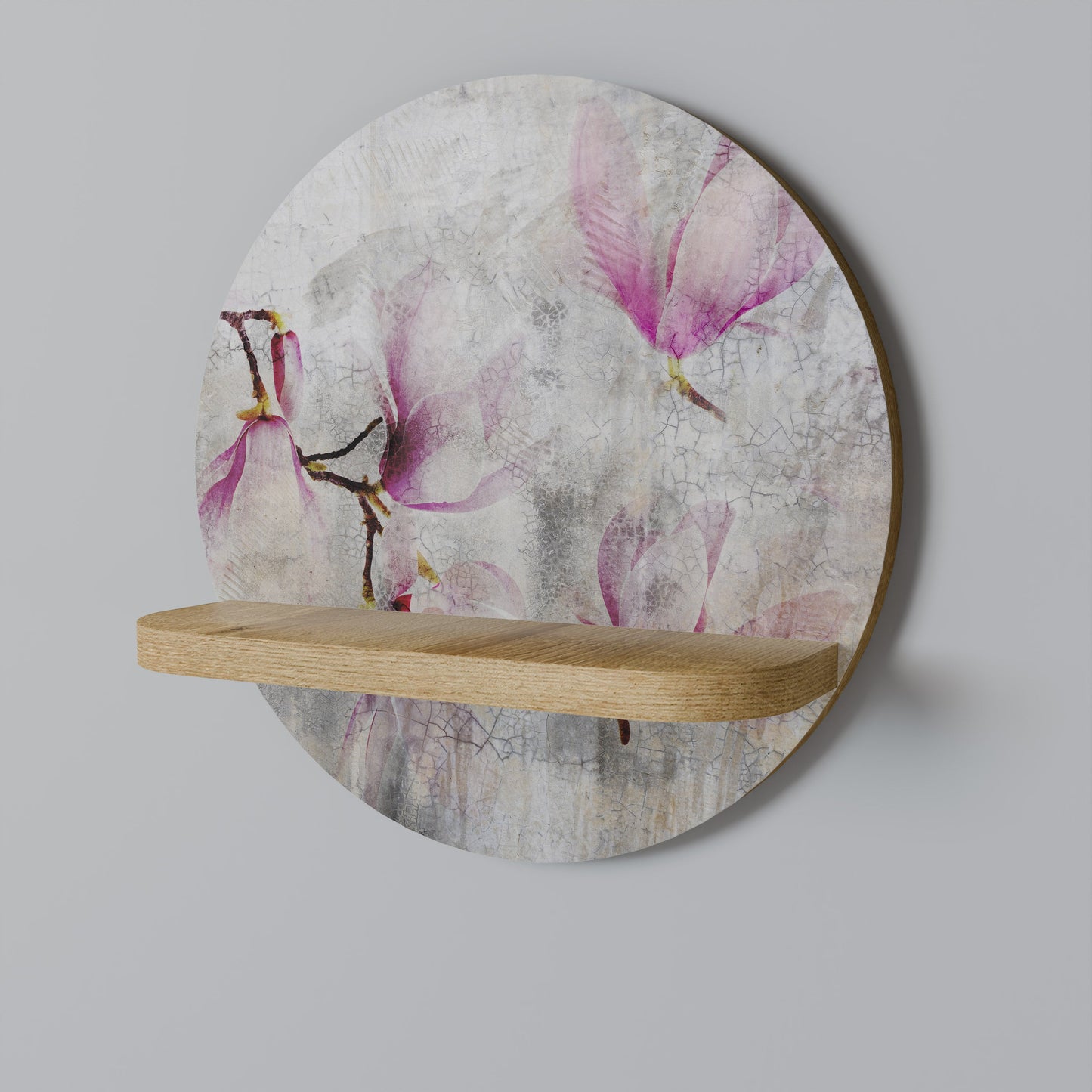 ASTONISHING MAGNOLIA Round Art Shelf In Oak Effect