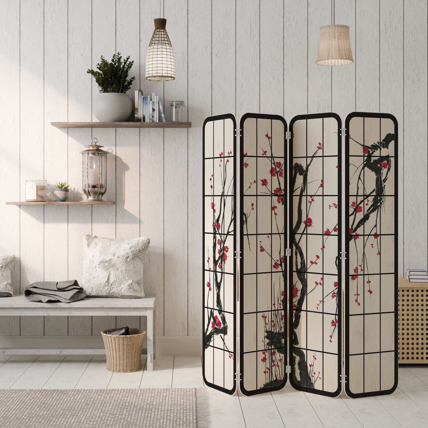 JAPANESE BLOSSOMS 4-Panel Plywood Room Divider