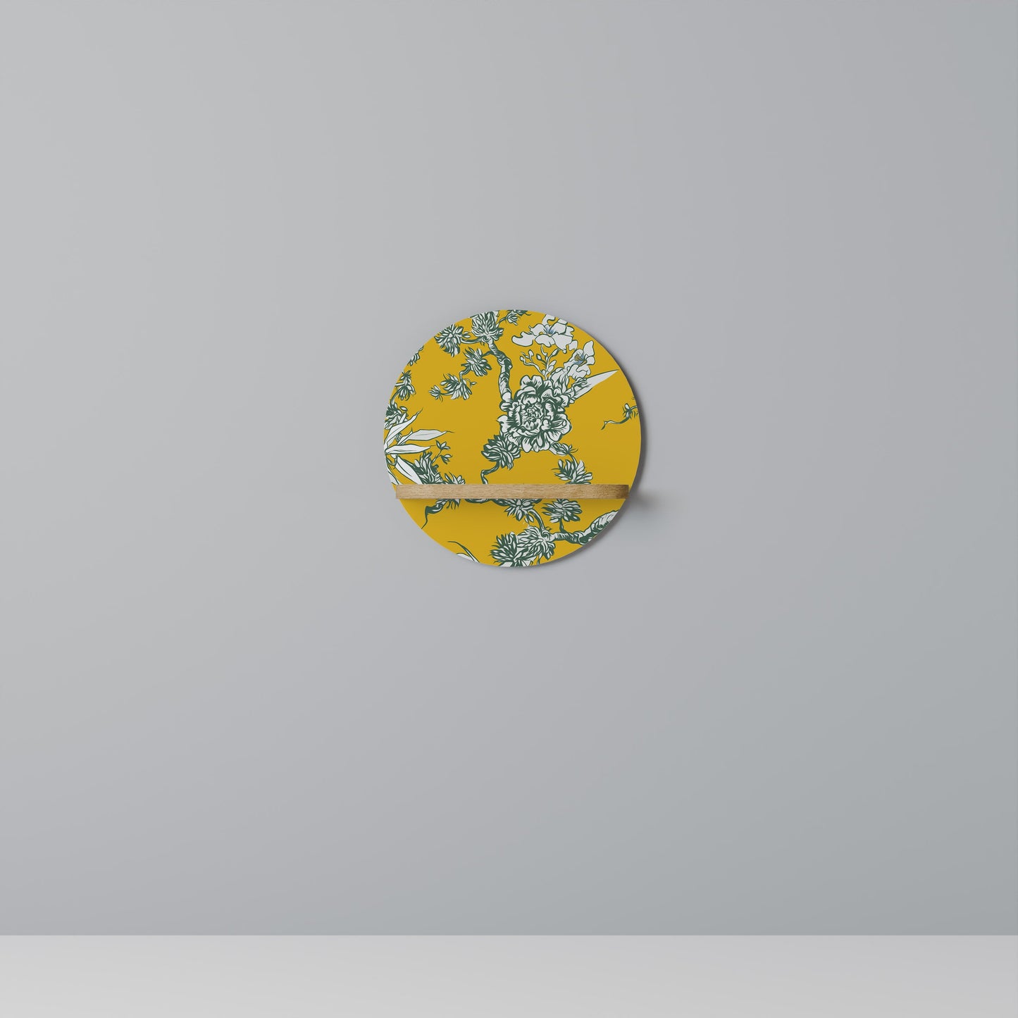 YELLOW CHINOISERIE Round Art Shelf In Oak Effect