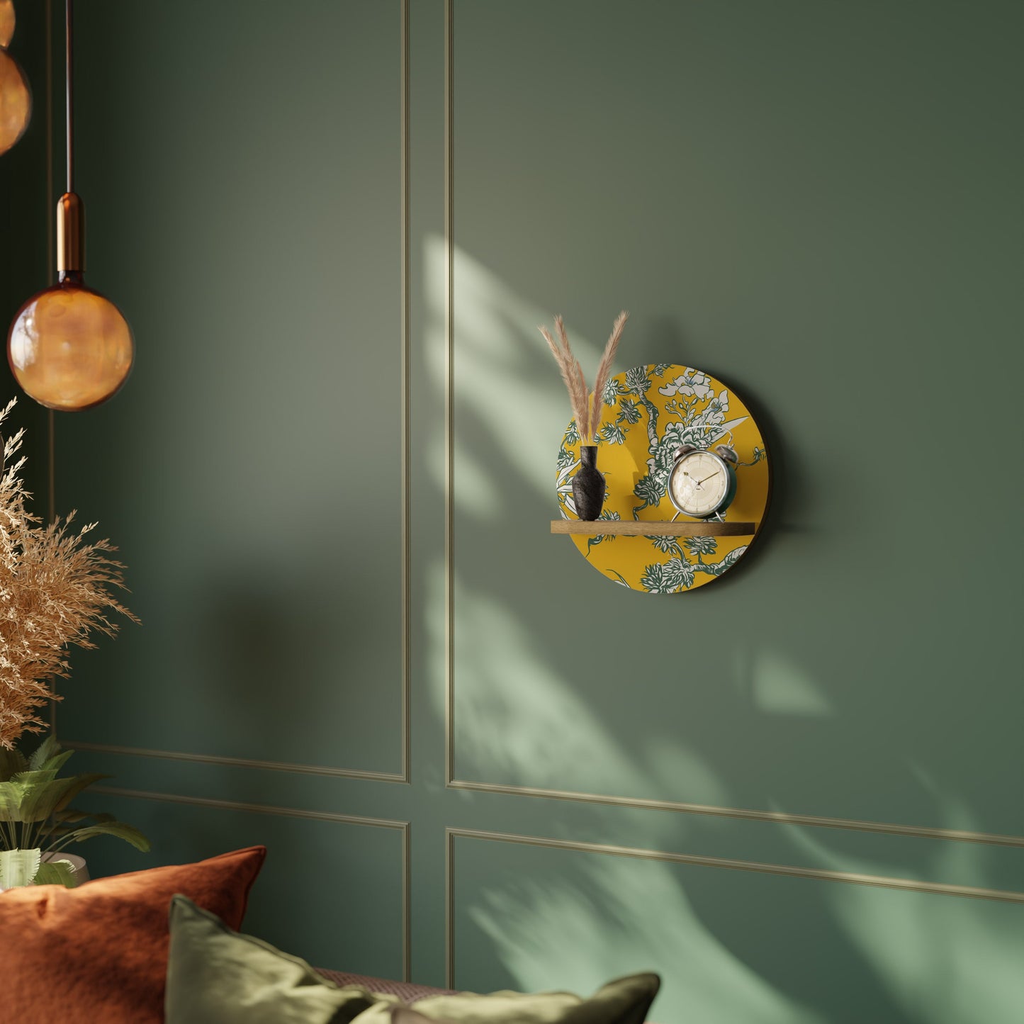 YELLOW CHINOISERIE Round Art Shelf In Oak Effect