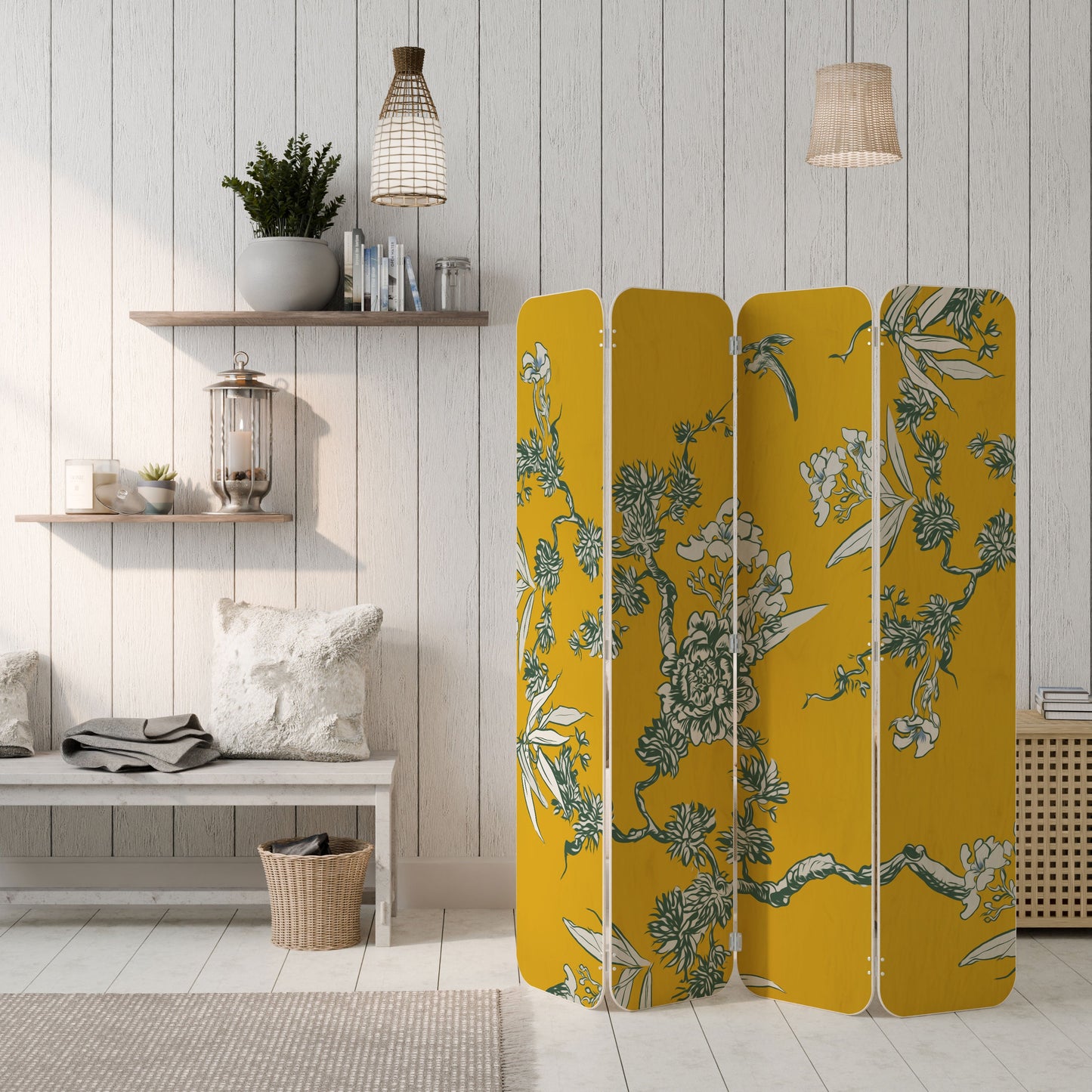 Cloison de séparation en contreplaqué à 4 panneaux YELLOW CHINOISERIE