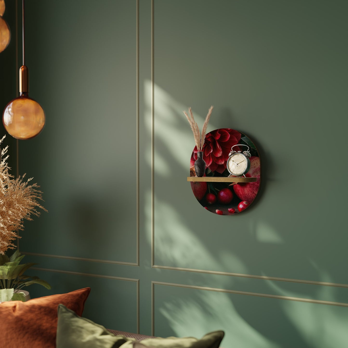 DAHLIAS AND POMEGRANATES Oval Art Shelf In Oak Effect