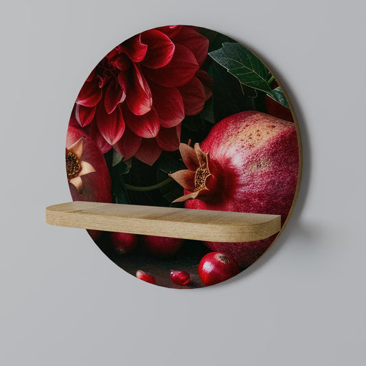 DAHLIAS AND POMEGRANATES Round Art Shelf In Oak Effect