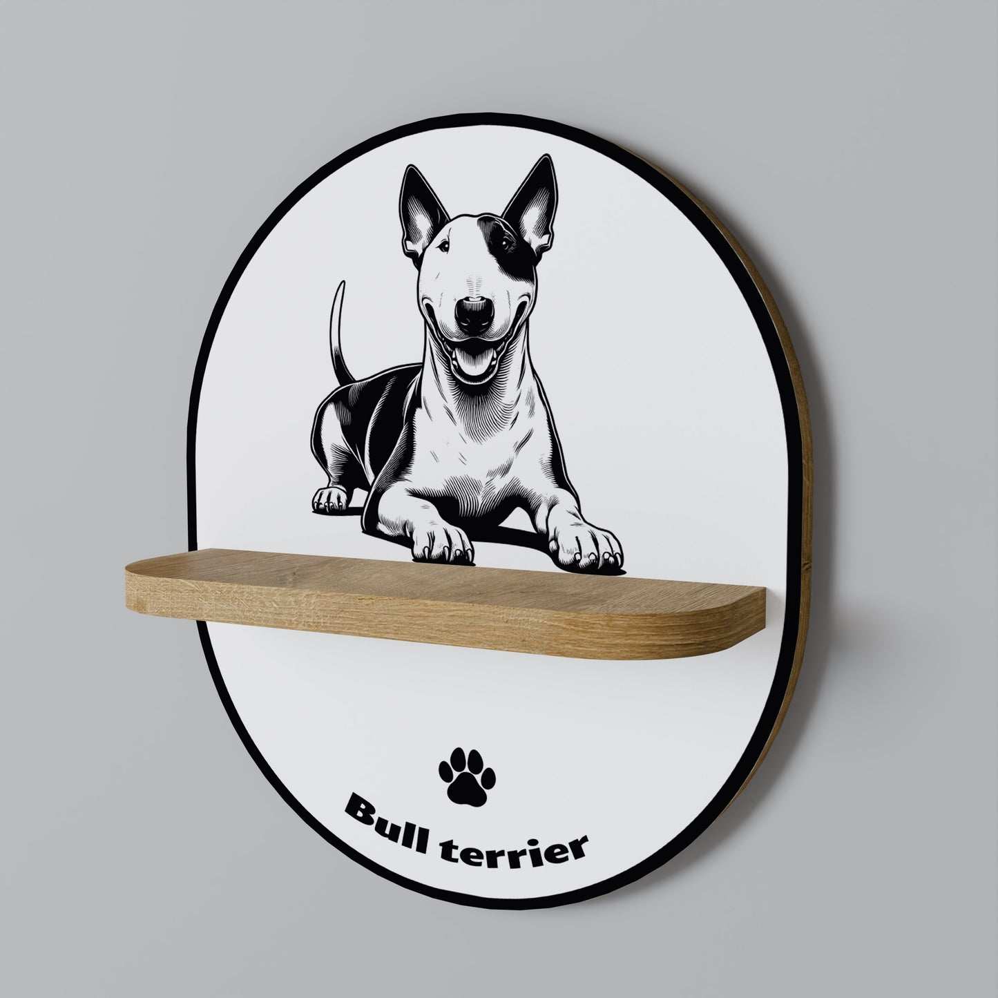 BULL TERRIER Oval Art Shelf In Oak Effect