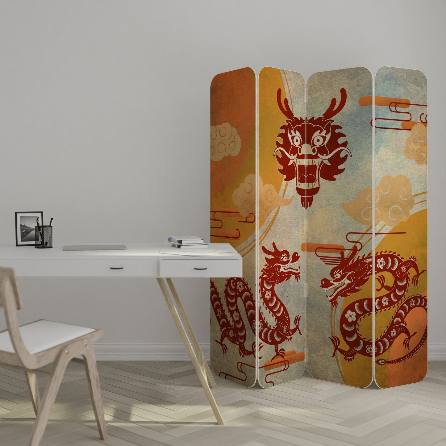 MYSTICAL DRAGON 4-Panel Plywood Room Divider